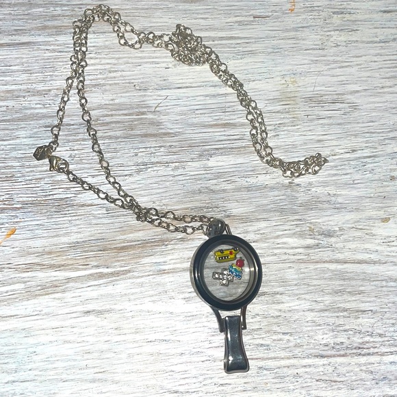 Origami Owl Jewelry - Origami owl silver badge clip necklace teacher cross bus charm inside likenew